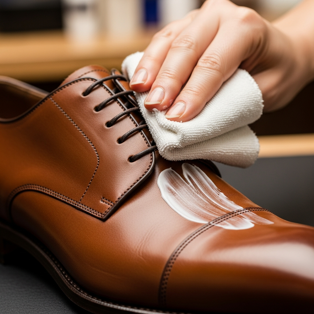 Application de crème nourrissante sur une chaussure en cuir brun avec un chiffon doux